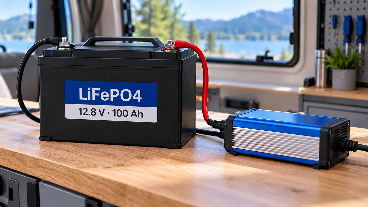 Grafitowy akumulator LiFePO₄ 12,8 V z ładowarką na blacie w kamperze