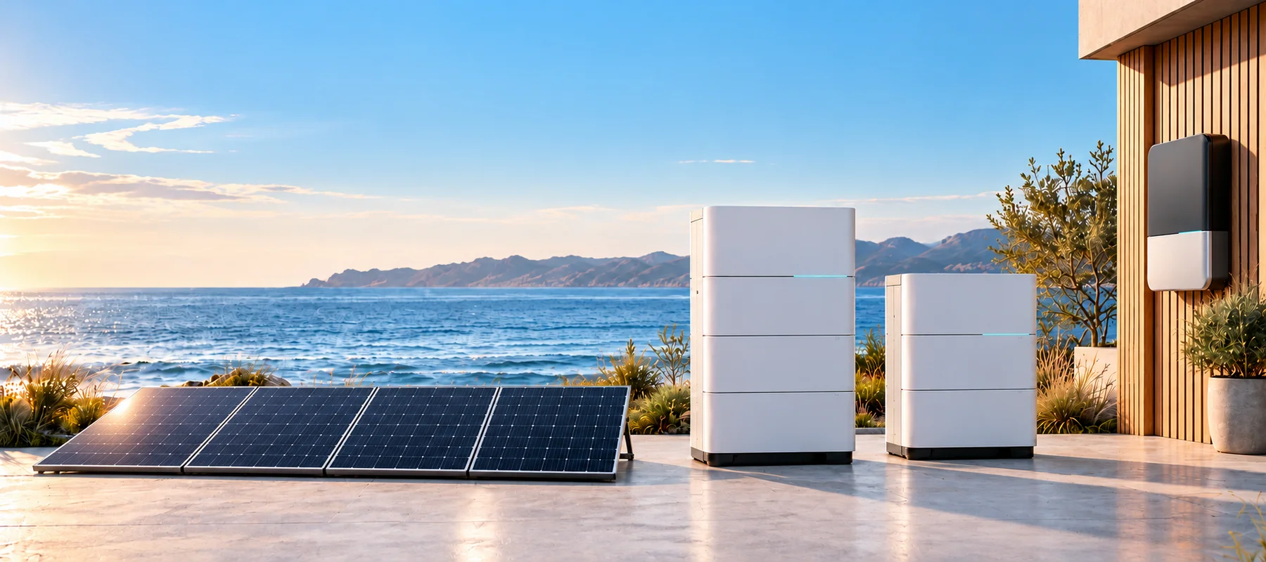 Modułowy magazyn energii, falownik hybrydowy i panele fotowoltaiczne przy nadmorskim domu